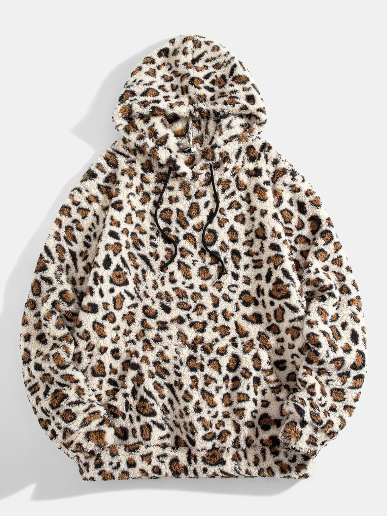 Men Leopard Print Fluffy Fleece Hoodie, Drawstring Long Sleeve Sweatshirt, Thick Warm Casual Streetwear, Winter Home Outdoor Pullover