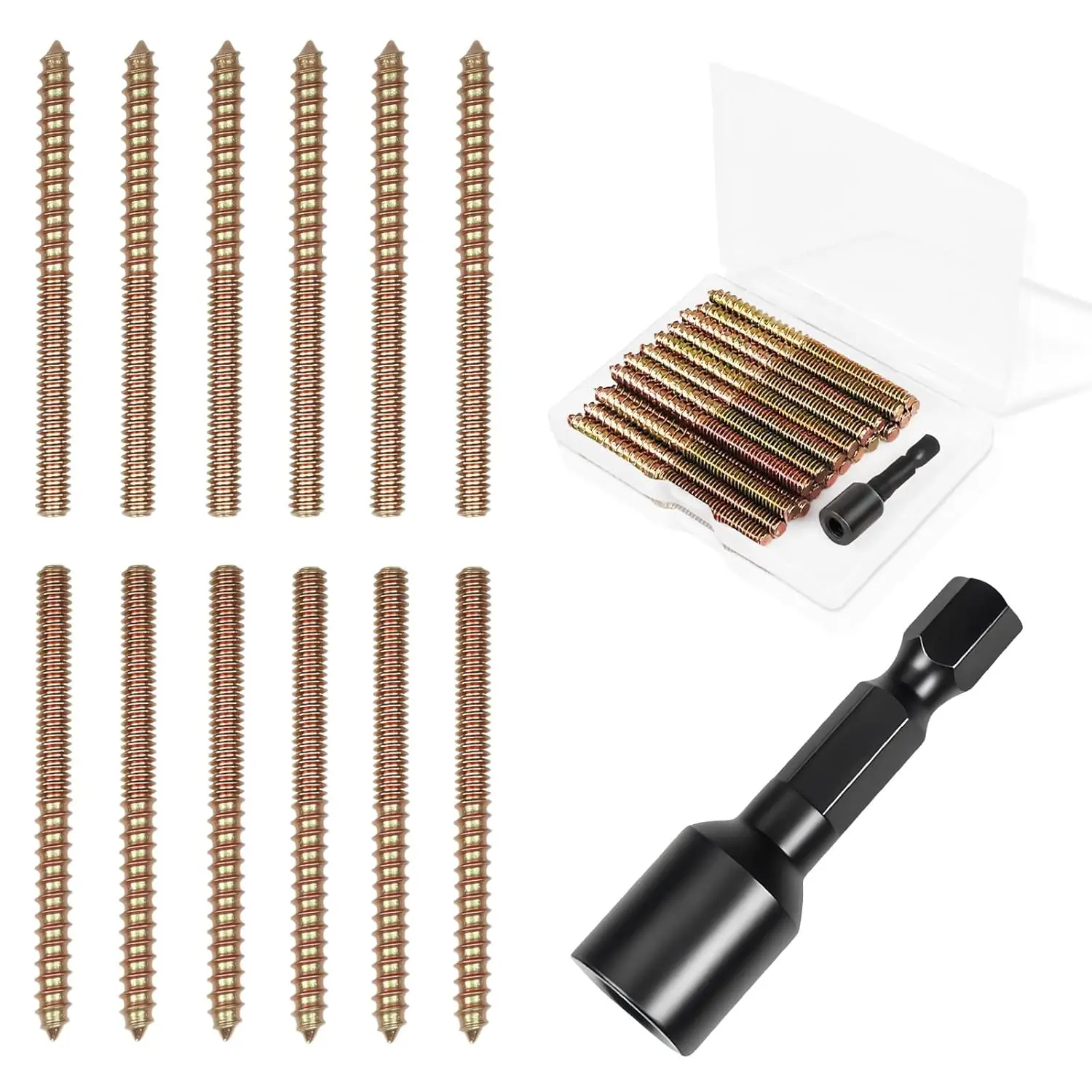 20Pcs 1/4-20 x 3 Hanger Bolts, 1/4-20" Double Headed Bolt, 1/4 Wood Dowel Screws, Self-Tapping Screw, Threaded Rod Screws, Accessories for Wood Furniture Joint with Driver