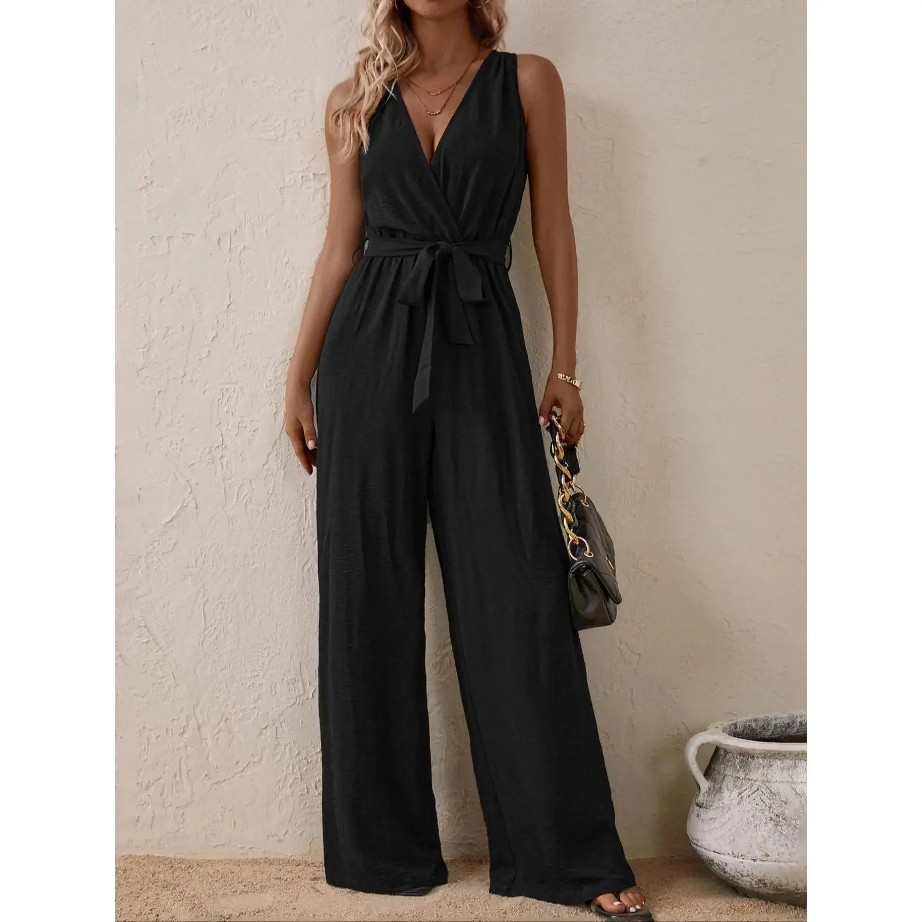 Women's Ruched Belted Tank Jumpsuit, Casual Surplice Neck Straight Leg Jumpsuit, Ladies Clothes for Daily Wear, Tie Waist Jumpsuit, Waisted Ruched Jumpsuit