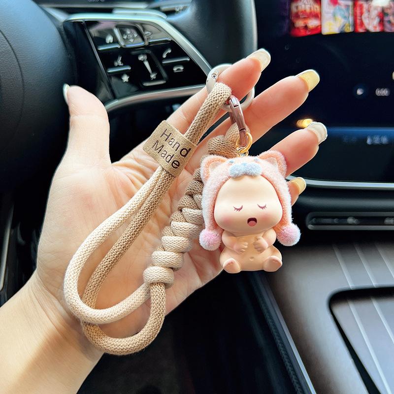 New Flocked Cartoon Hat Doll Keychain, Cute Kawaii Baby Figurine Car Key Ring, Fashionable Plush Bag Charm Accessory for Women