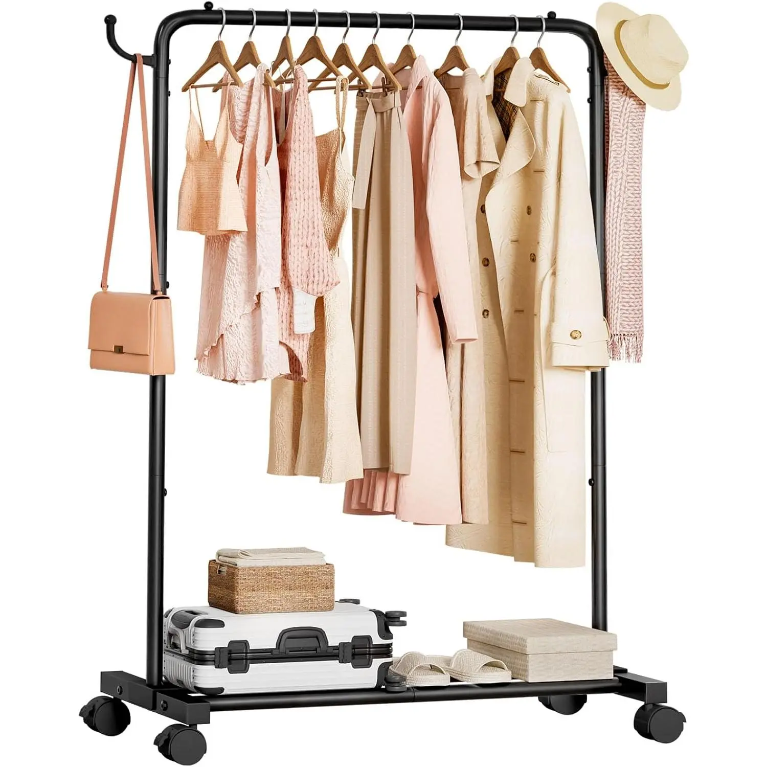 Rolling Clothes Rack with Hooks: Standing Garment Storage for Indoor -  Rod for Bedroom Laundry Room - Coat Dress Organizer  Wheels with luggage shelf (Black, 31.5")