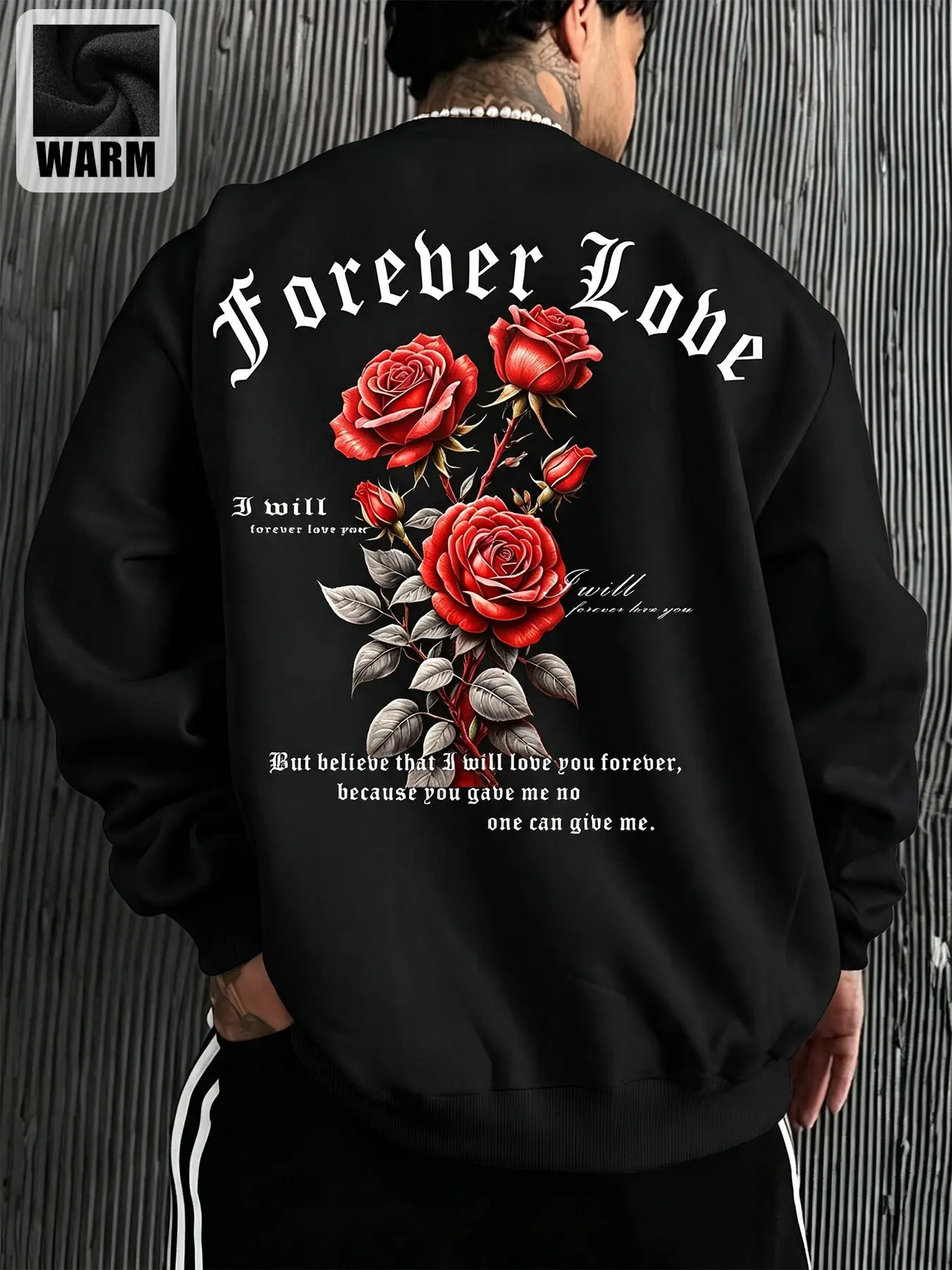 Vintage Gothic Red Rose Print Crew Neck Sweatshirt, Fleece Lined Warm Loose Casual Long Sleeve Top Multiple Colors