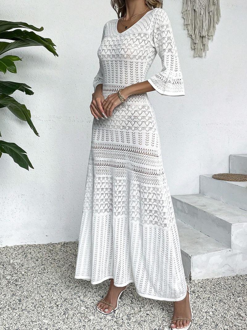 Elegant V-Neck Knit Dress, Hollow Out Design, Casual Fitted Long Skirt, Spring & Summer Beach Vacation Wear, Random Pattern
