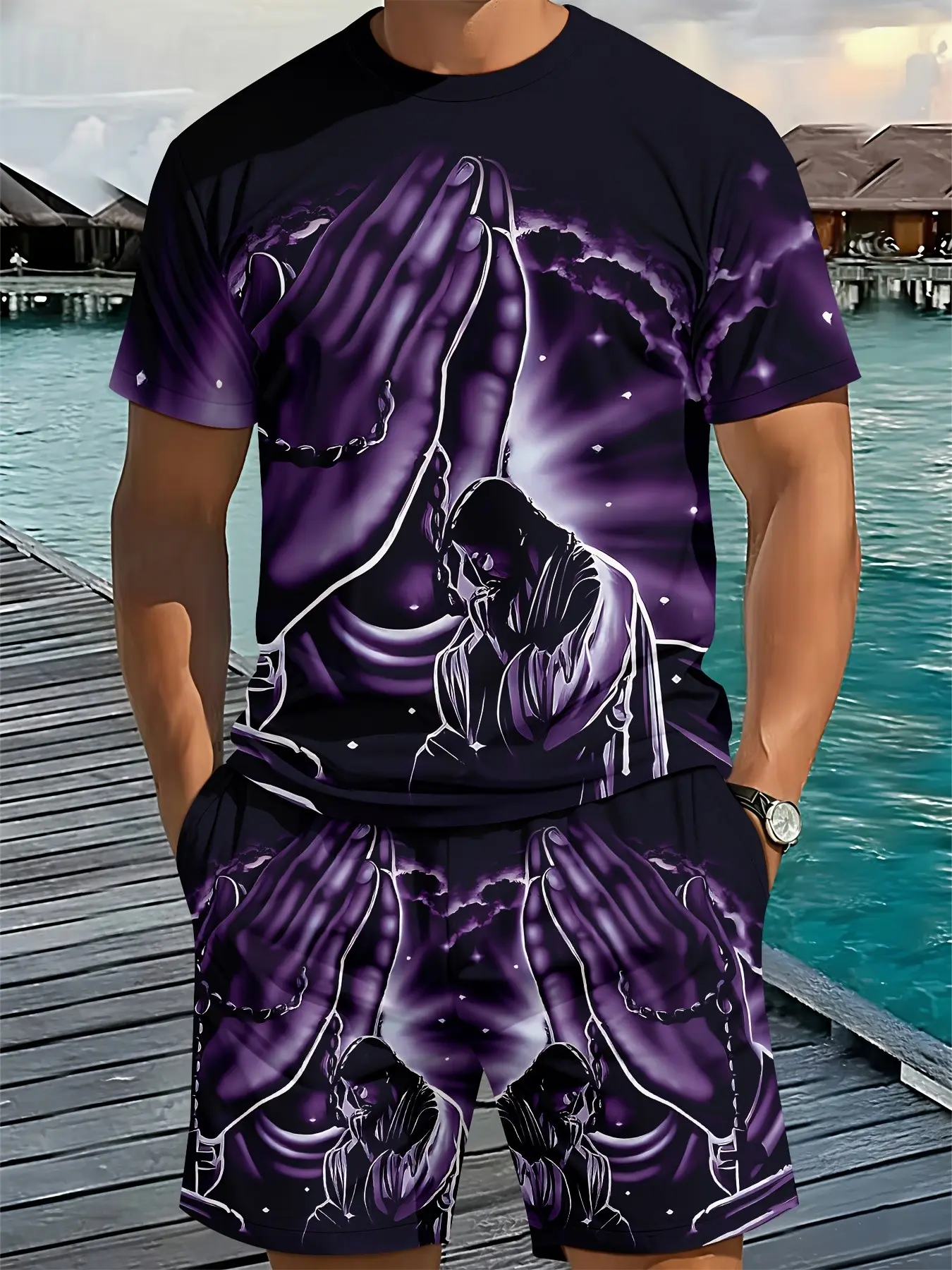 Men's Prayer Hand Print Short Sleeve Set, American Vintage Trendy Casual Shorts Two-Piece Set, Loose-Fitting, All over Print, Unlined