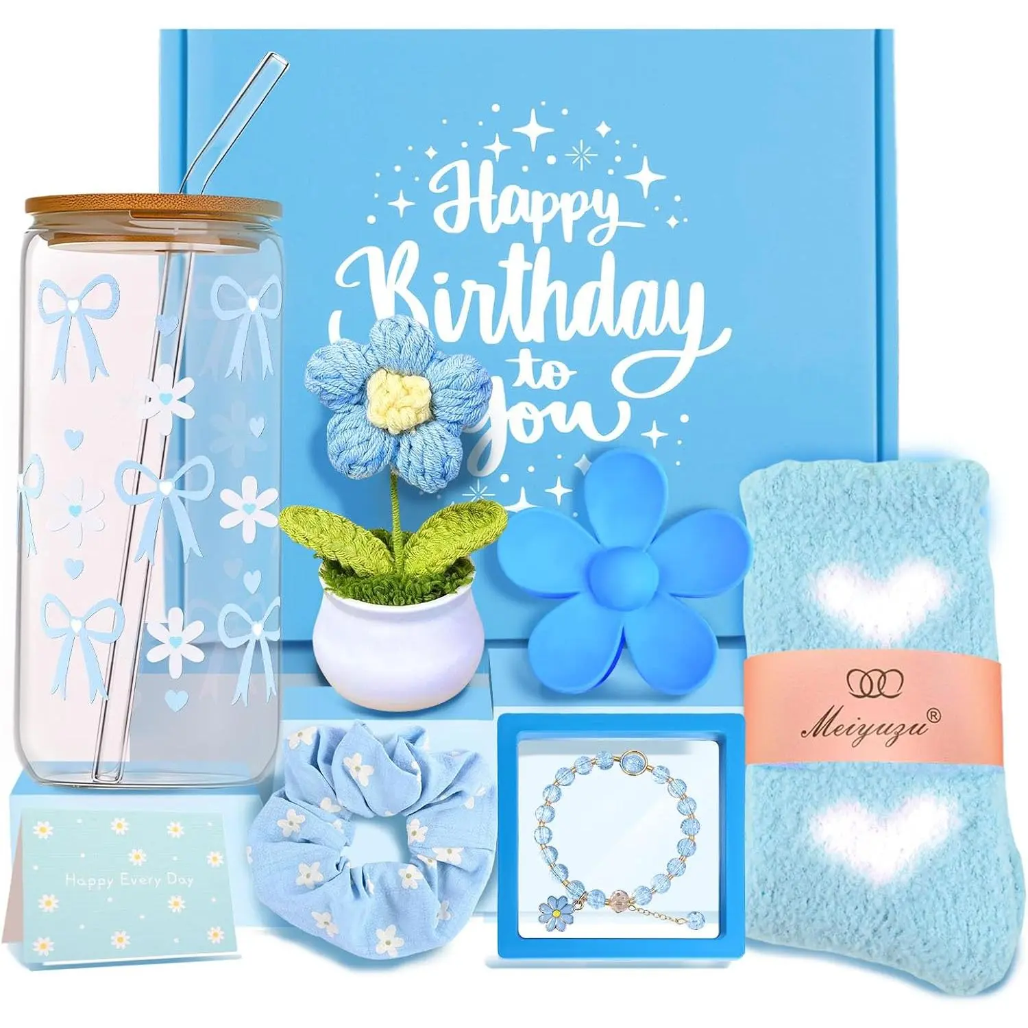 Gifts for Teen Girls Women Sister Friends Daughter Niece,Blue Teen Girl| Birthday Gifts Trendy Stuff, 7 Pcs Cute Daisy Bow Glass Cups Gift Basket for Teenage Girl