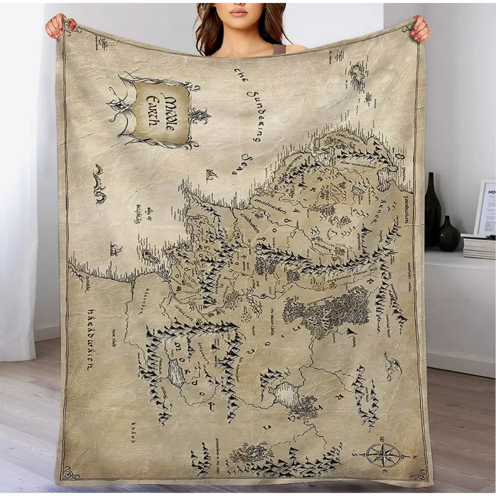 【 2DFlatPrinting 】 1pc, 280GSM Comfortable World Map Plush Blanket, Soft Flannel Parabolic Shape, with Detailed Fantasy Design, Perfect for Adventure Enthusiasts and Ring Enthusiasts, All Season Home Decoration