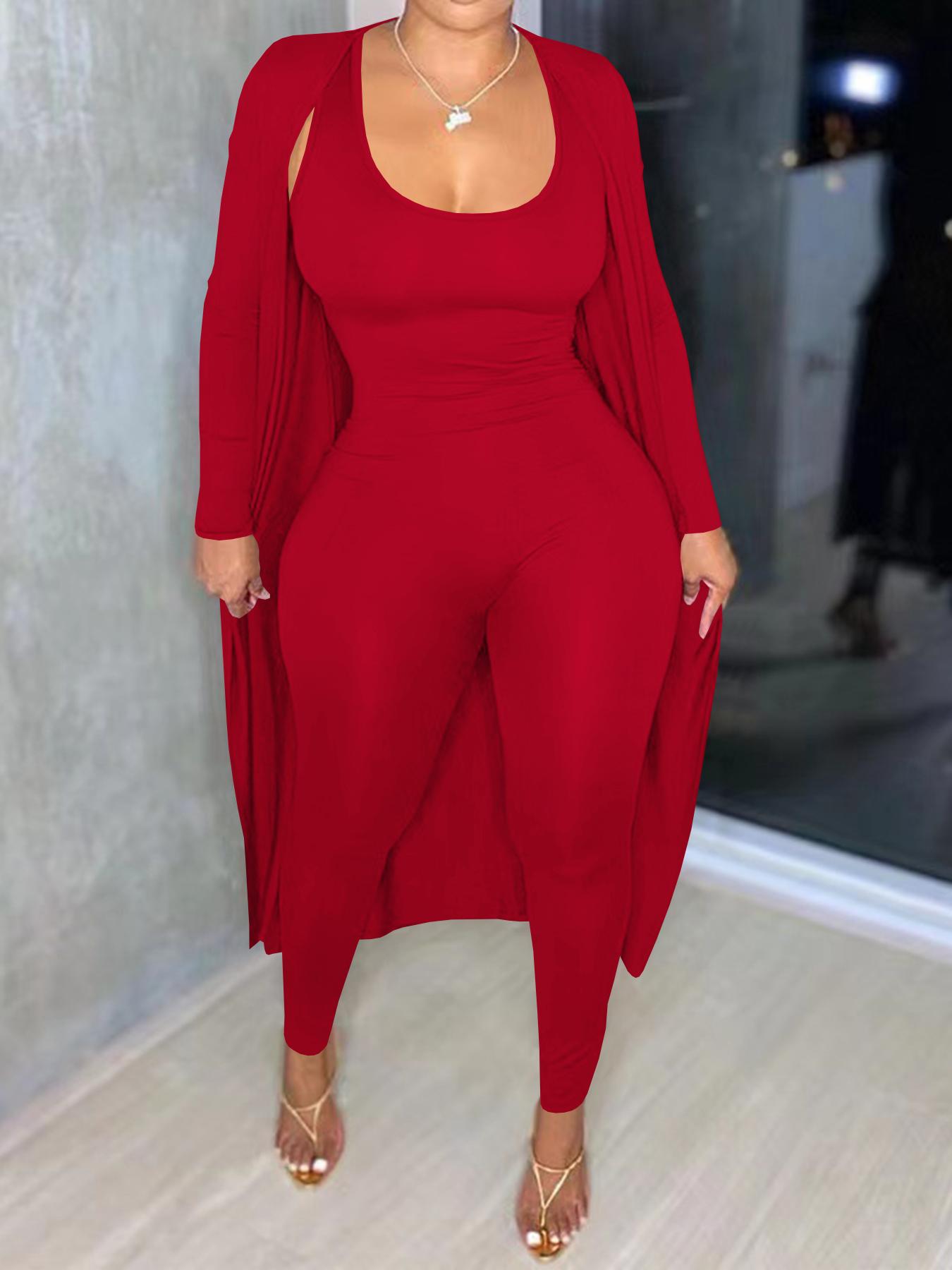 Two-piece Set Women's Solid Open Front Long Sleeve Longline Outwear & Skinny Jumpsuit, Casual Fashion Cozy Outfits for Daily Outdoor Wear, Women Clothes for Fall & Winter, Solid Color Jumpsuits