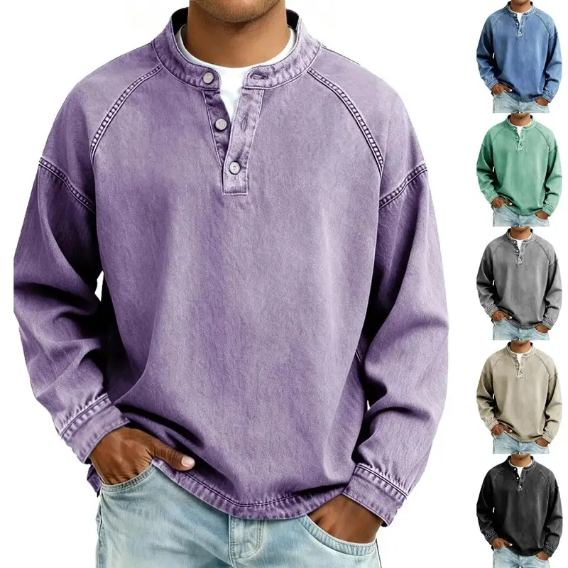 Men Loose Henley Collar Long Sleeve Pullover, Solid Vintage Distressed Wash Top, Autumn Winter Casual Daily Shirts