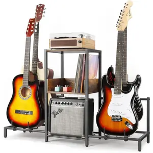 Guitar Stand for 4 Guitars - Acoustic, Electric, Bass & Ukulele Floor Rack with 2  Shelves for Amp Holder, Vinyl Records & Media Storage - Adjustable Multi Guitar Display Stand for  Studio  ()