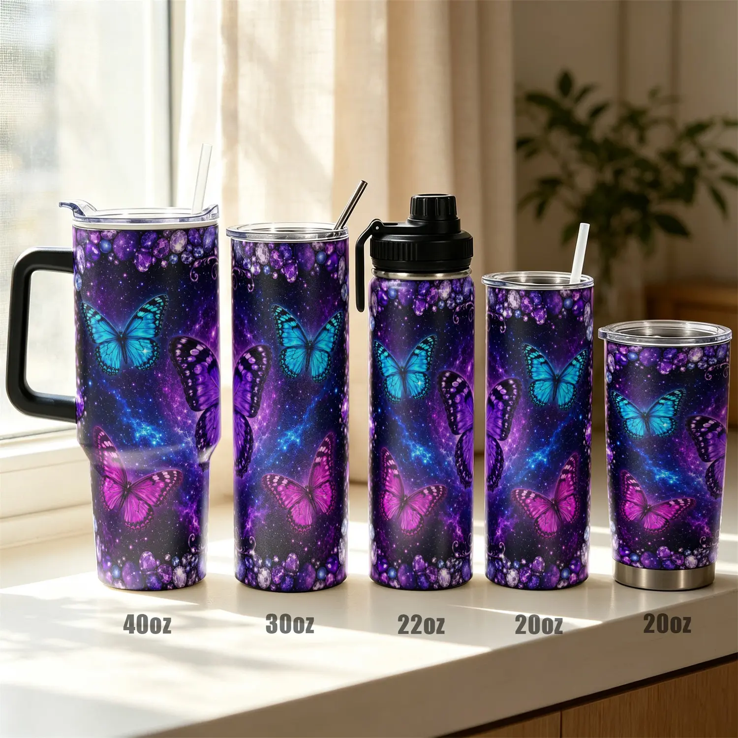 1pc, 40oz/30oz/22oz/20oz Insulated Stainless Steel Tumbler with Leak Proof Lid Leakproof Tumbler Purple Butterfly Print Vacuum Double Wall 12H Cold 8H Hot Travel Mug for School Gym Office Car Cup Holder Birthday Gift for Friends Family Women