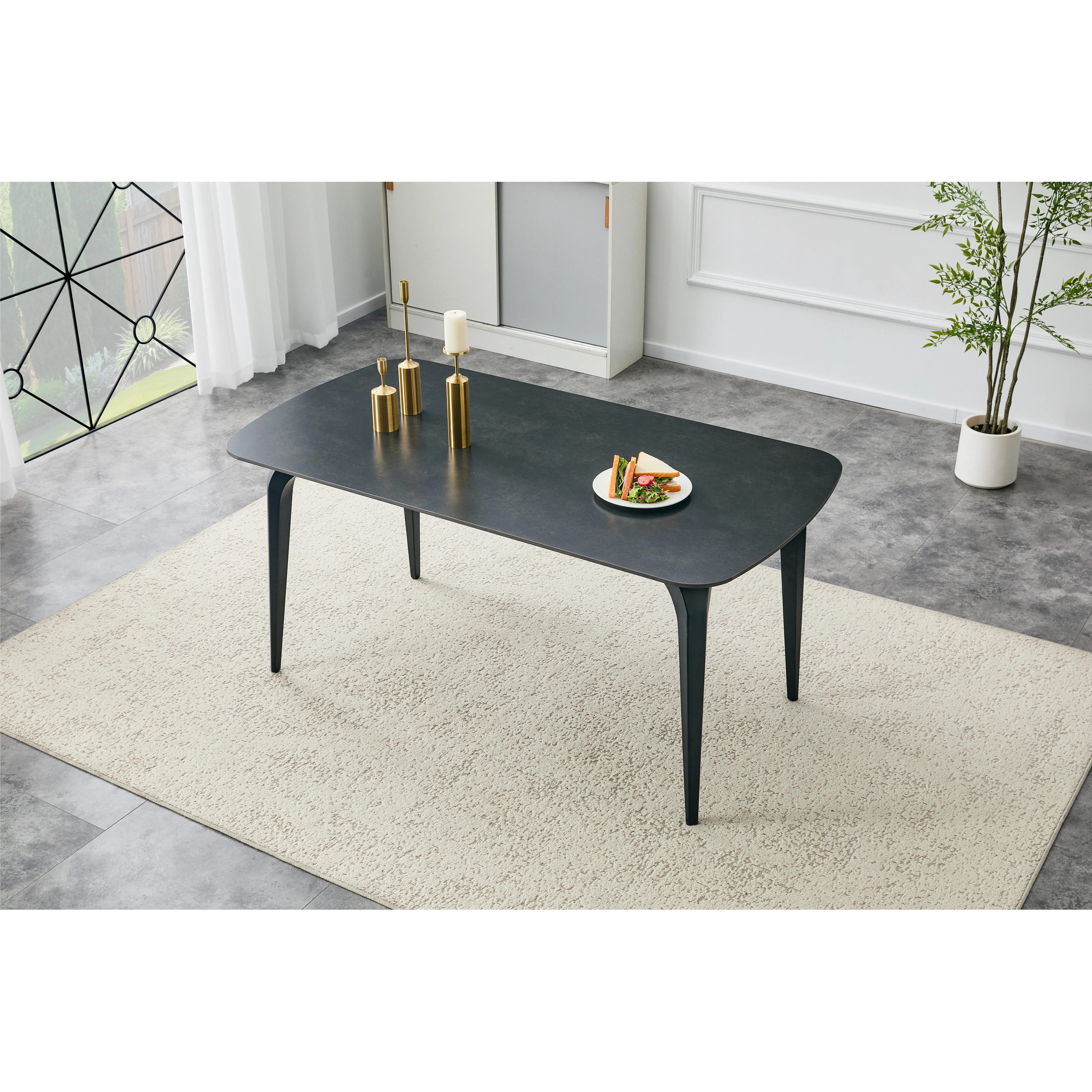 ARCH Modern Rectangular Stone Top Dining Table for 6, Premium Sintered Heatproof Surface, Gold-Plated Metal Legs, Adjustable Feet, 15-Min Easy Setup, Dark Gray Indoor Kitchen Table
