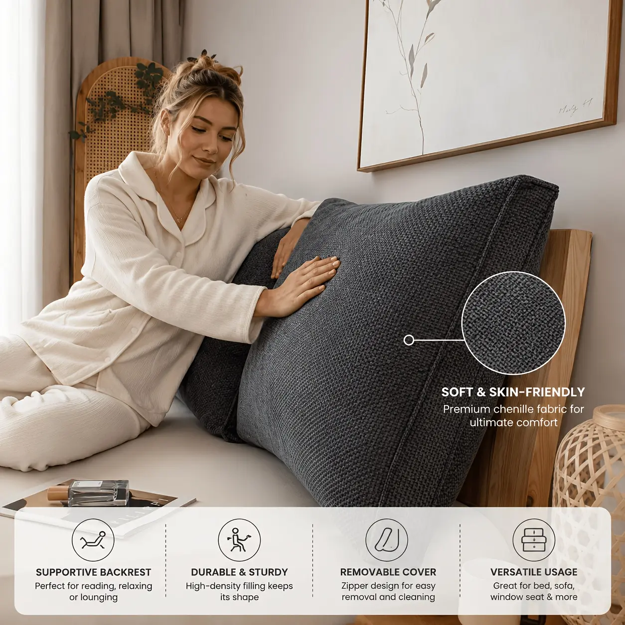 1‑Piece Solid Rectangular Wedge Headboard Pillow, Soft Lumbar Support Reading Cushion, Large‑Size Supportive Backrest Pillow for Bed, Ideal for Bedroom, Sofa and Recliner Home Decor
