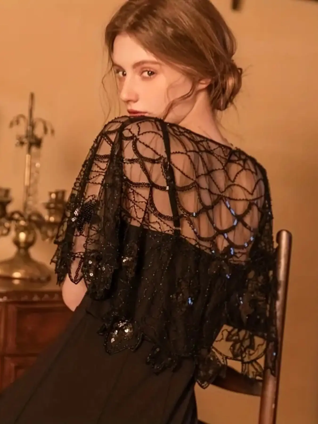 Vintage 1920s Lace Shawl, Elegant Retro Sequin Cape, Bohemian Evening Gown Wrap, Women's Party Outerwear, All-Season Accessory