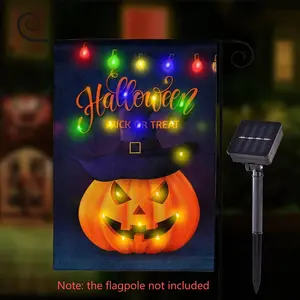 Halloween LED Lighted Garden Flag, Double Sided Solar Powered, Vertical Pumpkin Lantern, Outdoor Yard Decor, Festive Home Accent