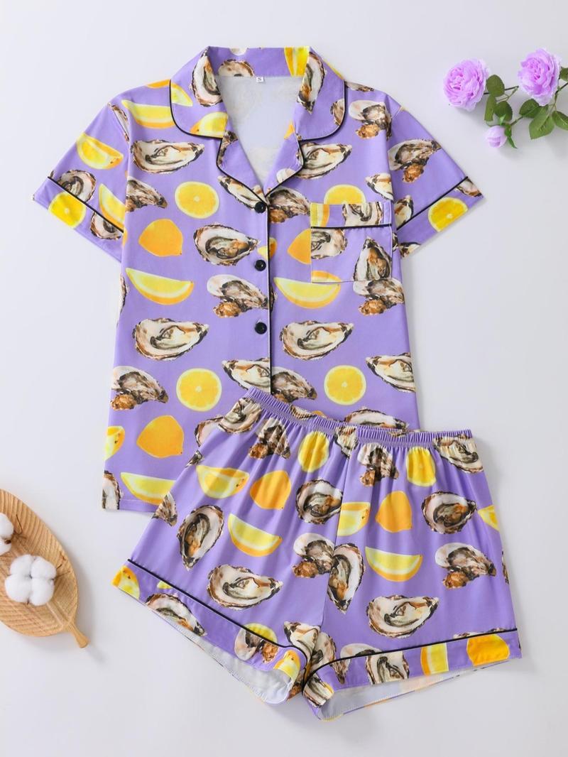 Women's All Over Print Shirt & Shorts Pyjama Two-piece Set, Casual Comfy Short Sleeve Top & Shorts Set, Ladies Sleepwear for All Seasons, Shorts Pj Set