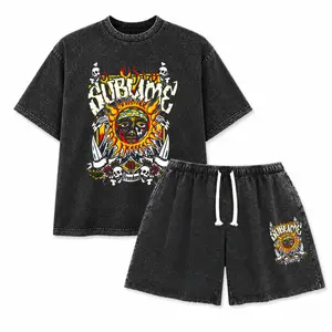 Men's Unisex Heavyweight Pure Cotton Acid-Washed Crew Neck T-shirt - Vintage Sun Pattern, Street Style Personalized Statement Top