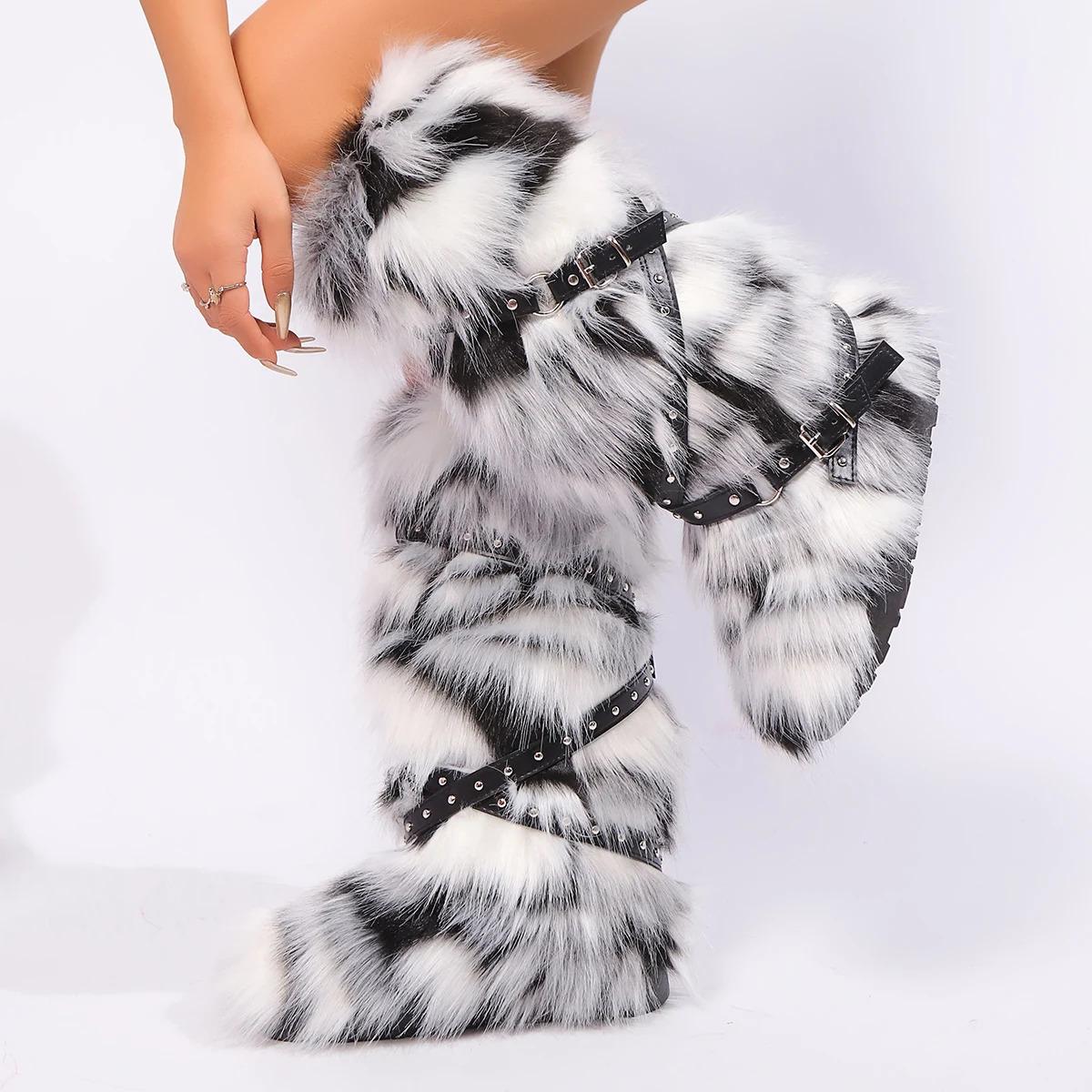 Winter  New Design Onepiece Raccoon FurFemale Snow   shoes OutdoorMid Leg  y2k Cool Pink Women Girl Footwear fur boots Black Comfort