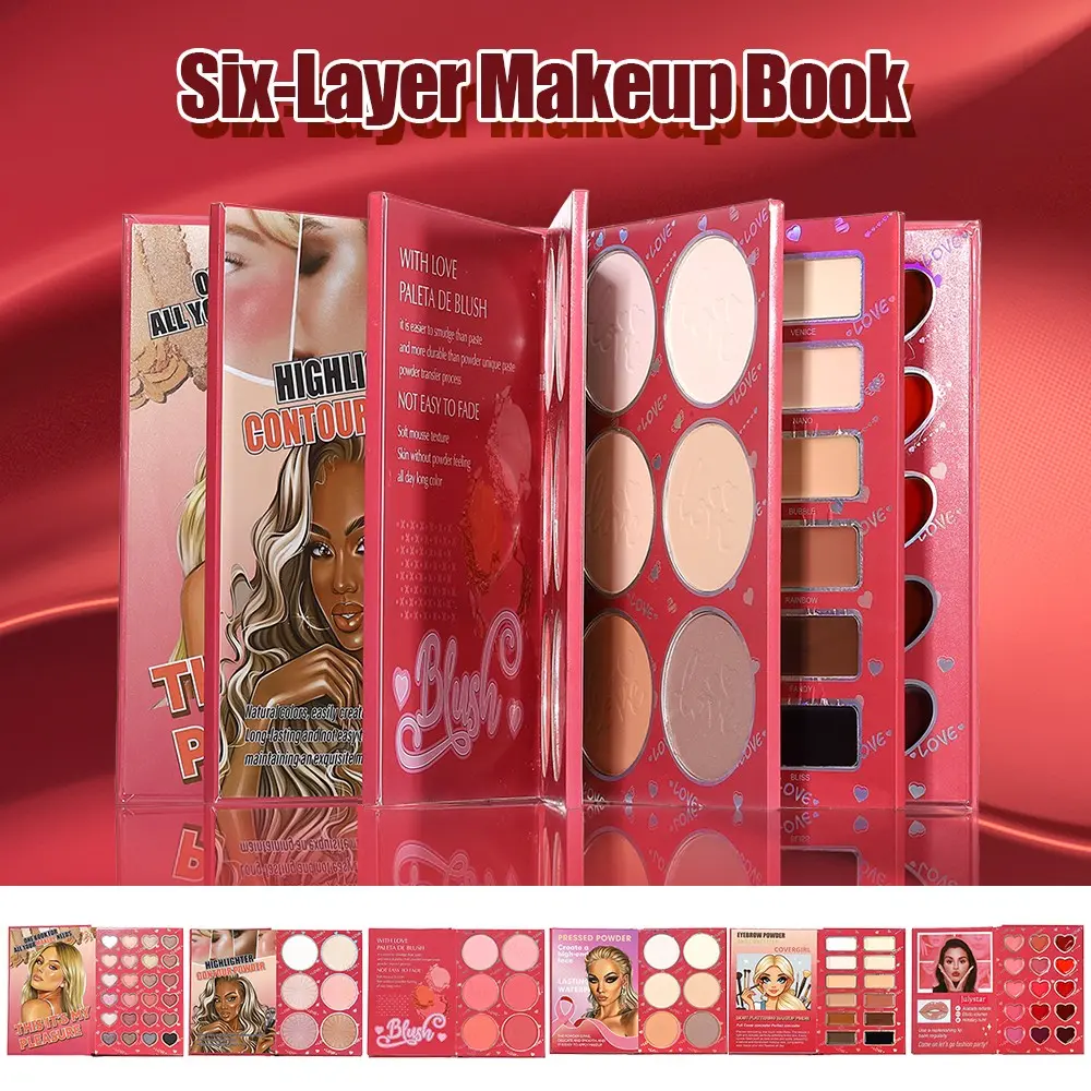 6-Layer Foldable 6 In 1 All-In-One Makeup Book Palette, Eyeshadow Blush Highlighter Contour Setting Powder Concealer Eyebrow Powder Lip Balm Combined, Matte Shimmer Multi Texture Full Face Travel Cosmetic Kit