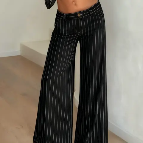Women's Striped Wide-Leg Pants, Elegant Street Style Straight Leg Long Trousers, Casual Streetwear Trousers, Casual Lounge Pants, Casual Fashion Pants, Casual Fitted H-Type Design, All Seasons Wear, Fashion Casual Comfy, Womenswear