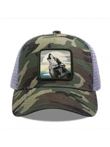 Wolf Howling at Moon Camouflage Mesh Baseball Cap for Men & Women - Adjustable Snapback Trucker Hat, Breathable Back for Hiking, Fishing, Camping, Golf & Casual Outdoor Attire Camouflage Random