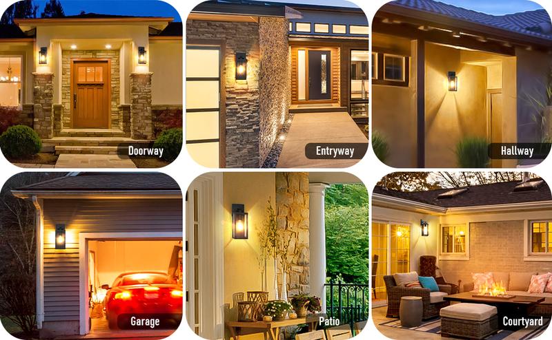 2-Pack Outdoor Wall Light Fixtures, Exterior Waterproof Lanterns, Porch Sconces Wall Mounted Lighting with E26 Sockets & Glass Shades, Modern Matte Black Wall Lamps for Patio Front Door Entryway