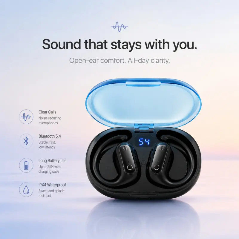 Open Ear Wireless Headphones Luminous Sand Glow Charging Case Bluetooth 5.4 Directional Sound Transmission Stable Wear Ultra Light Ear Hook Music Earbuds for Running Gym Work Video Calls