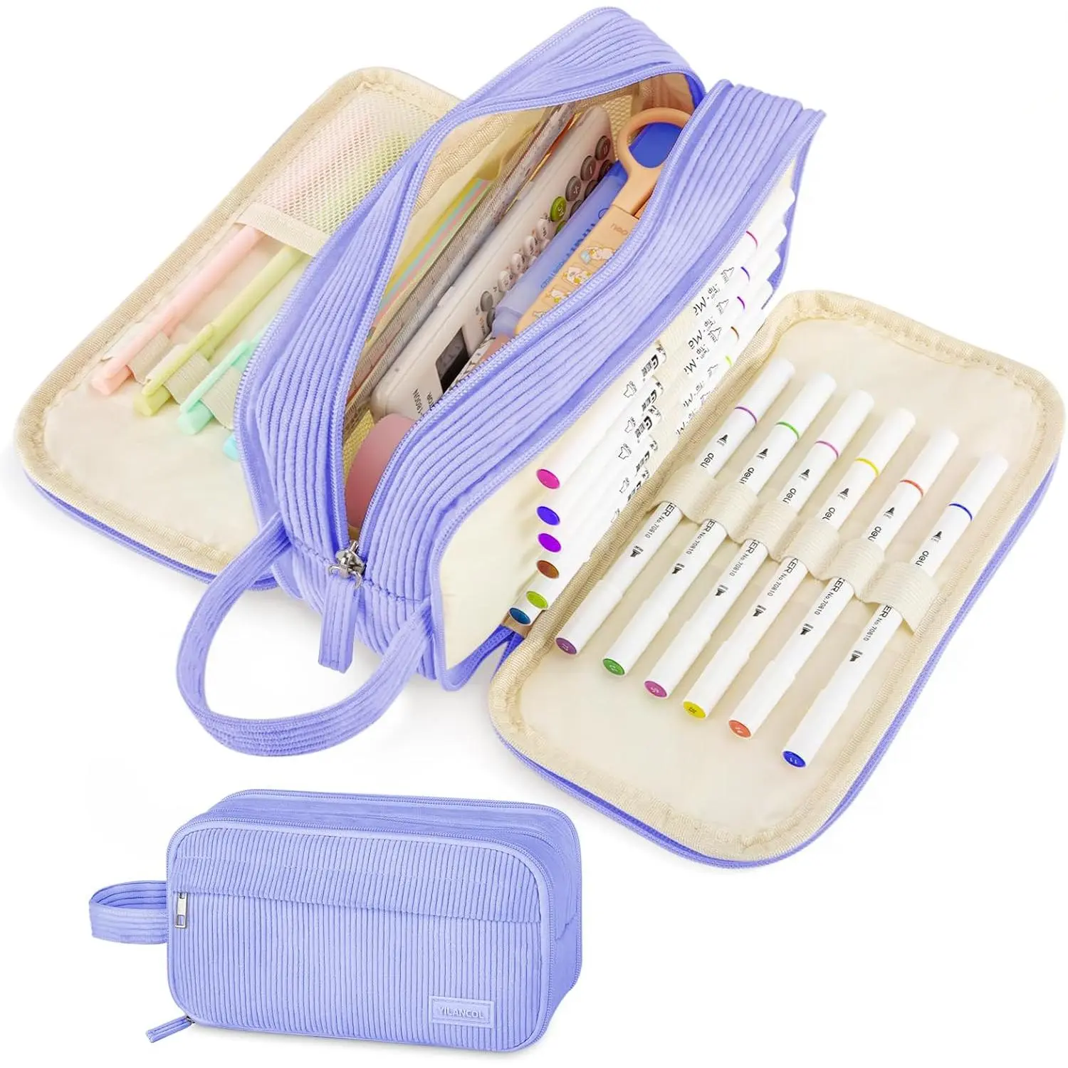 Corduroy Cute Pencil Case Pouch -  Capacity Pencil Pouch with Handle,4 Compartments Multi-Pocket, Markers Crayons Organizer Bag for Teen Girls, School College ()