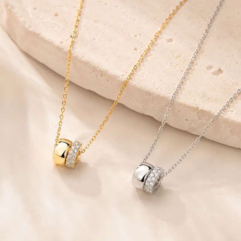 14K Gold Plated Rondelle Pendant Necklace for Women, Two Circle Cubic Zirconia Charm Necklace, Sliding Double Pendant Dainty Chain Jewelry Gift