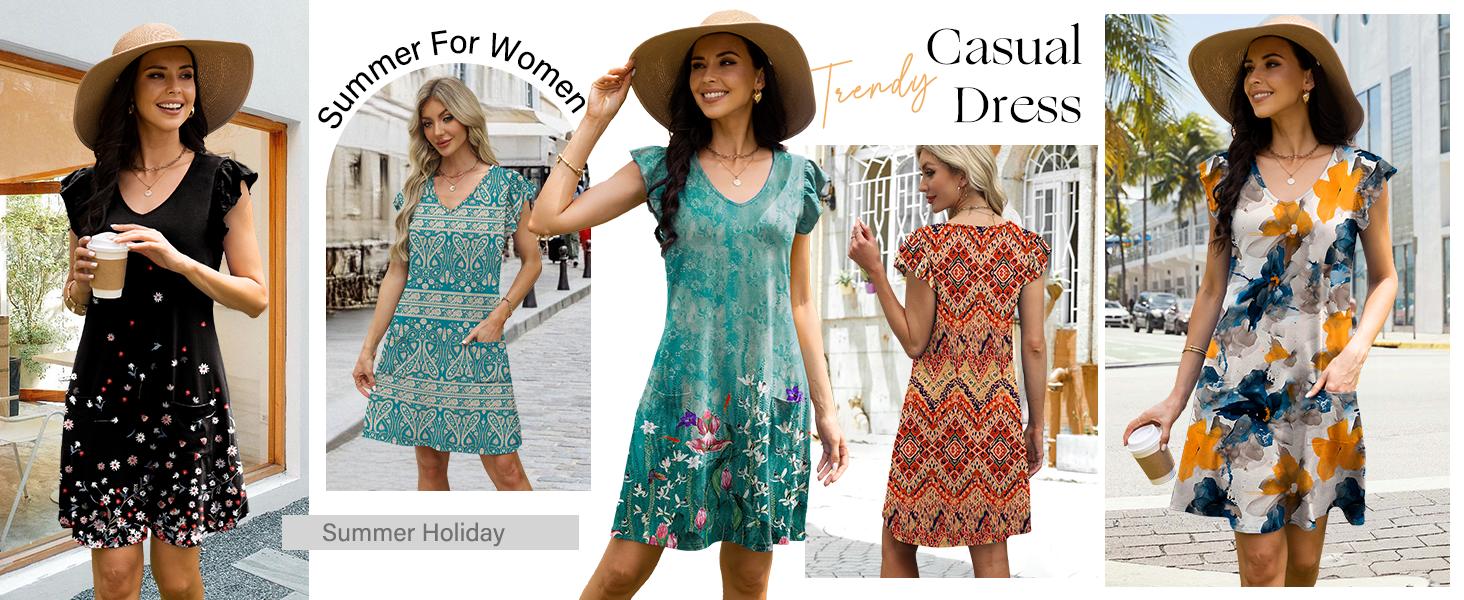 WIHOLL Womens Summer Dresses Ruffle Sleeve V Neck Loose Swing Sundresses with Pockets Plain/Print