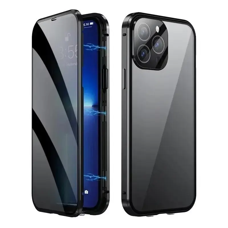 Double Glass Anti-Peep Privacy Metal Frame Magnetic Shockproof Smartphone Case & Screen Protector for iPhone 16/16E/15/14/13/12/11 Pro Max Plus, Safety-Focused Casing with Lens Protection, Snap Lock Design - Handheld Cellphone Devices Accessory