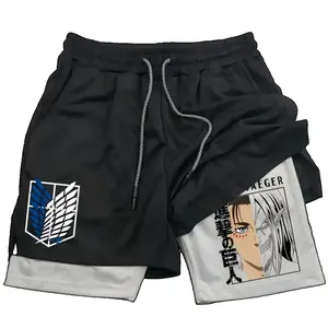 Trending Attack on Titan Eren Jaeger Men's 2-in-1 Quick-Dry Athletic Gym Shorts, Anime Graphic Compression Liner Running Workout Training Shorts, Breathable Lightweight Sports Activewear for Basketball, Fitness, Outdoor, Summer Holiday Gift for Anime Fans