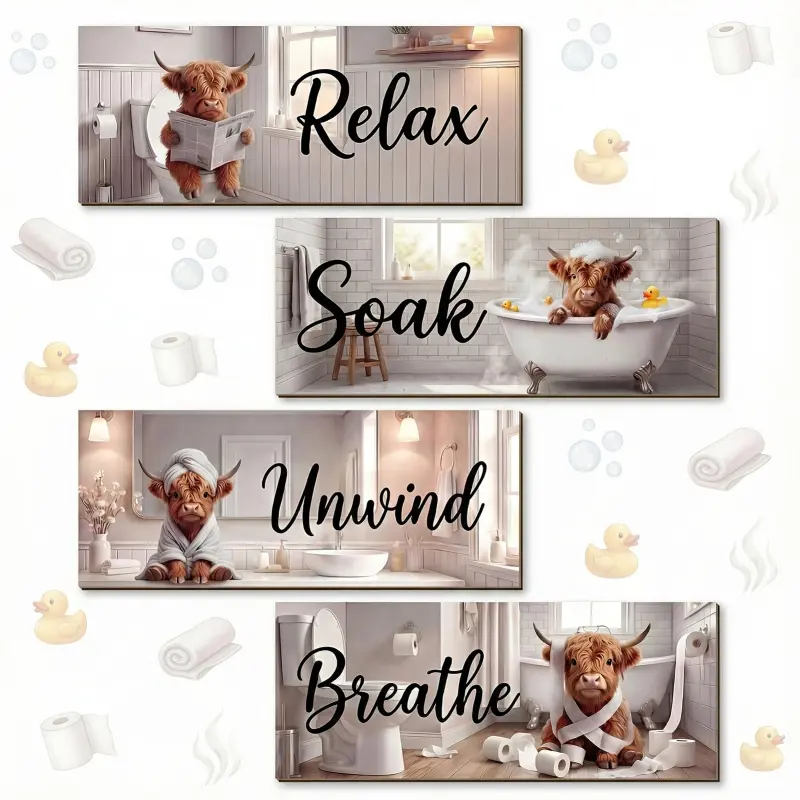4pcs Highland Cow Wooden Wall Decor, Rustic Farmhouse Design - Farmhouse Bathroom Signs, Guest Bathrooms, Artificial Wood Panel with Rustic Scottish Cow Plaques, Irregular Shape for Corners, Installation for Country Restroom Decoration