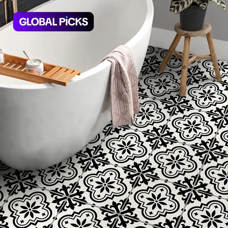 Moroccan Style Flower Design Floor Stickers, 12pcs/set Waterproof Self-Adhesive Floor Tile Decals, Decorative Tiles Sticker, Decorative Adhesive Stickers for Home, Kitchen & Bathroom #GLOBAL PICKS