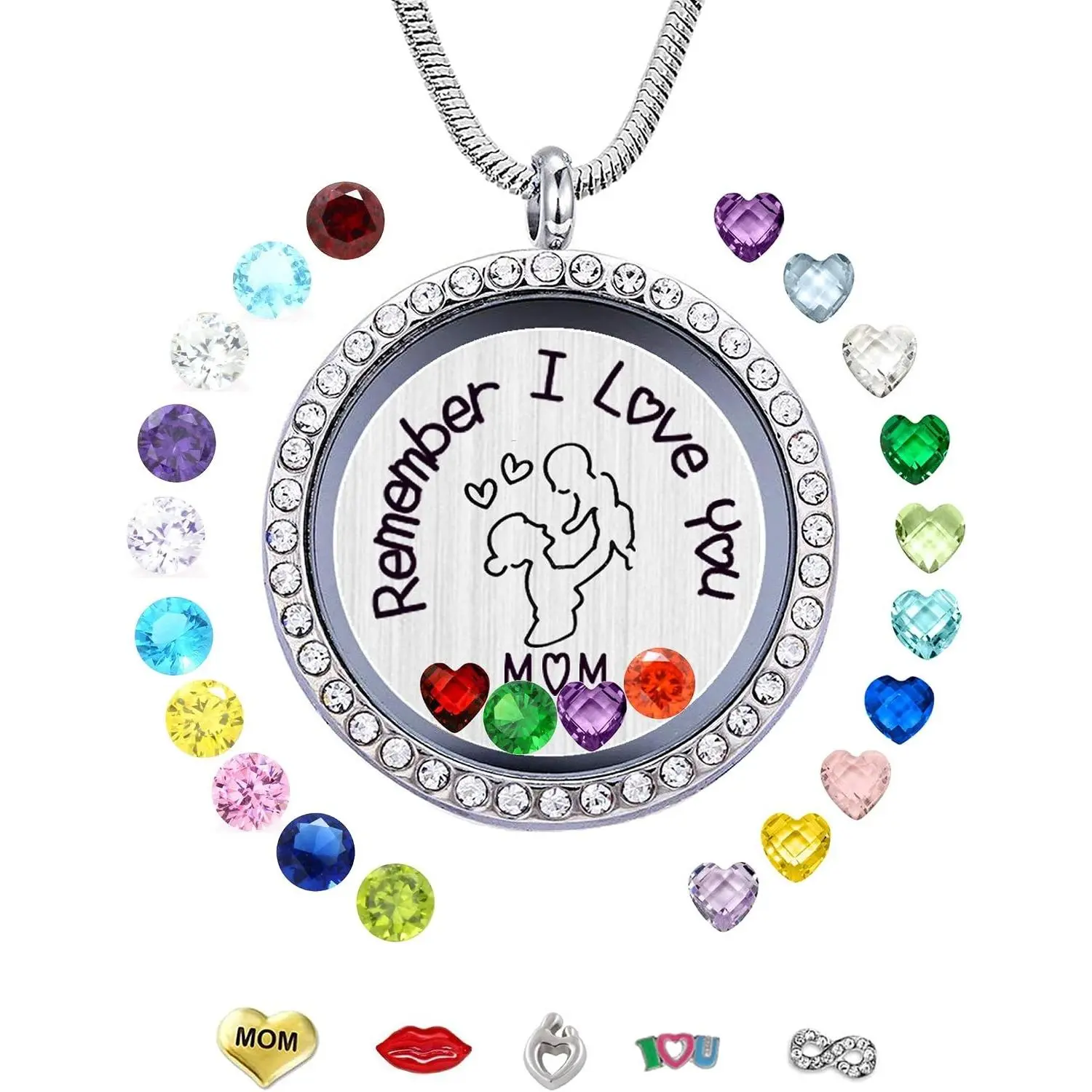 30mm Stainless Steel Living Memory Floating Locket Necklace Pendant with Charms and 24 Birthnodes Best Gifts for Women