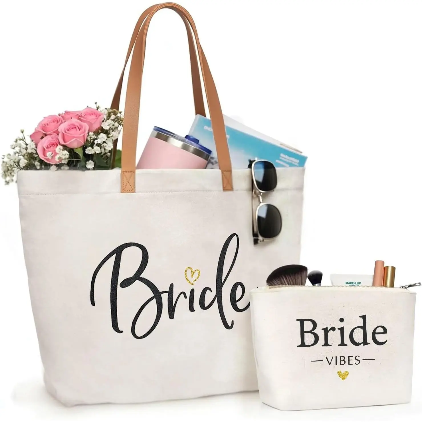 Bride Gifts Bride Tote Bag and Bride Vibes Pouch Set - Large Canvas Wedding Bag with Zipper - Bachelorette Party Bridal Shower Gift, Honeymoon Beach Travel Bag