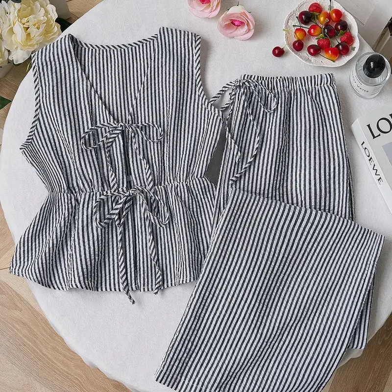 Women's Striped Sleeveless Drawstring Waist Top and Straight Leg Pants Set, Versatile Casual Summer 2-Piece Set, Striped Sets