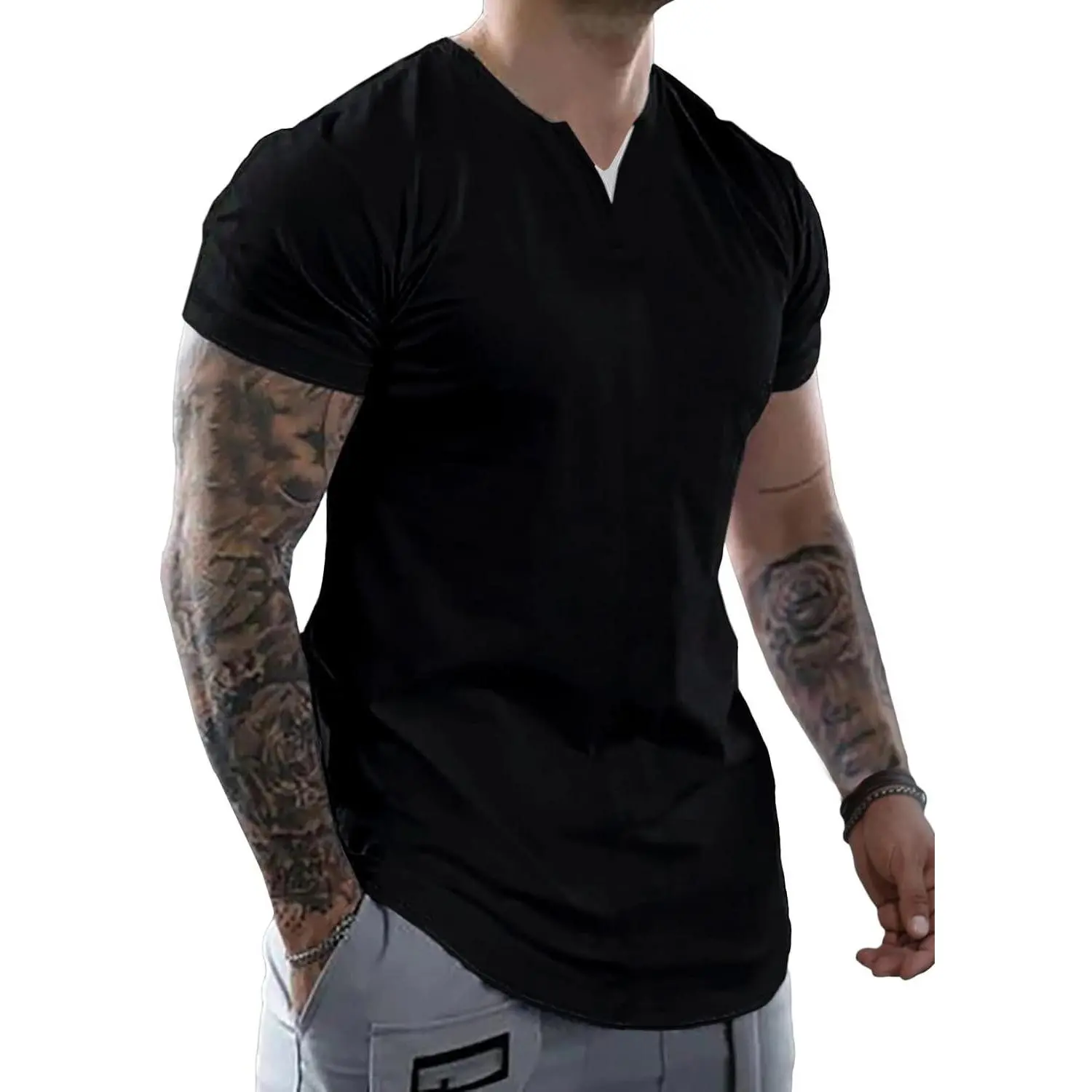 Men's Muscle Fit Slim T-Shirts Summer V-Neck Gym Shirts Casual Cotton Workout Athletic Longline TeesGift