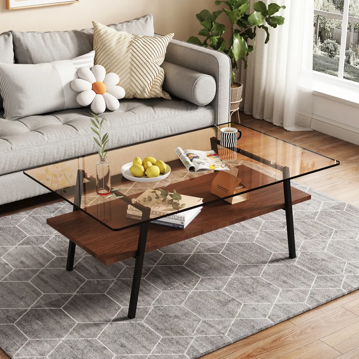 [Bellemave] Rectangle Coffee Table, Tempered Glass Tabletop with Black Metal Legs, 2-Tier Modern Table for Living Room