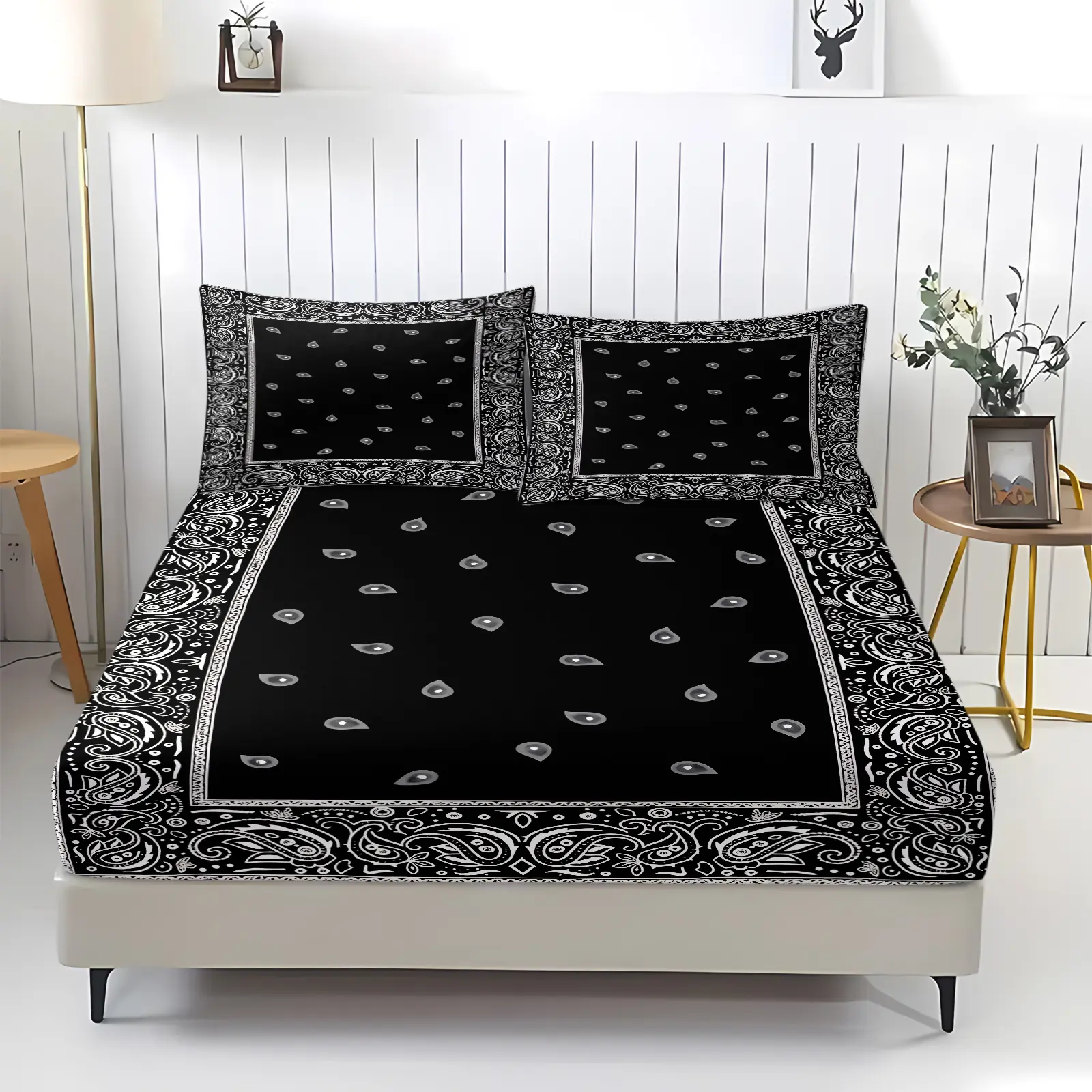 Retro Minimalist Black White Framed Paisley Bandana Print Fitted Sheet Set 3 Piece, 1 Fitted Sheet & 2 Pillowcase, Border Teardrop Spot Bedding All Size, Breathable Soft ,Western Hip Hop Street Mattress Cover, Perfect For Dorm Bedrooms