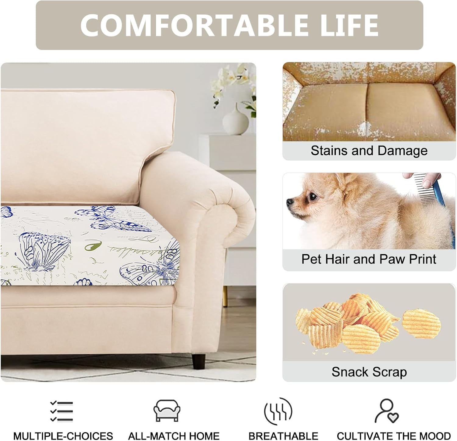 SearchI Stretch Printed Sofa Couch Cushion Covers Replacement Chair Cushion Slipcovers Sofa Seat Cover with Elastic Bottom(Medium, Butterfly Pattern)