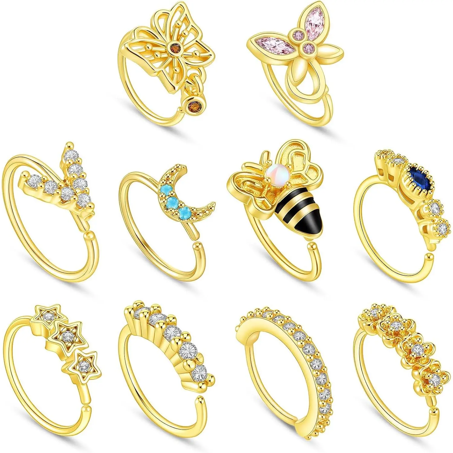 10 count  Hoop Nose Ring,  Nose Hoop Stainless Steel | Heart-Shaped Butterfly  Moon  Flower, Perforated Circular Noses Rings, 20G, Unisex