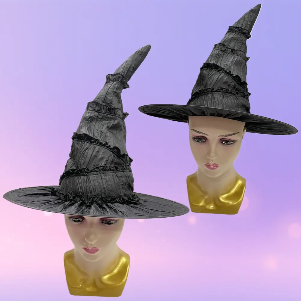 Black Witch Hat With Ruffled Lace Trim Dark Magician Hat For Halloween Cosplay Decor