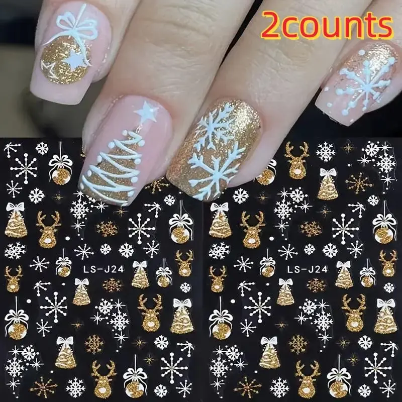 2pcs 3D Self-Adhesive Glitter Fantasy Snowflakes, Bells, Reindeer Nail Art Stickers, Reflective Elements for Christmas Nail Decorations