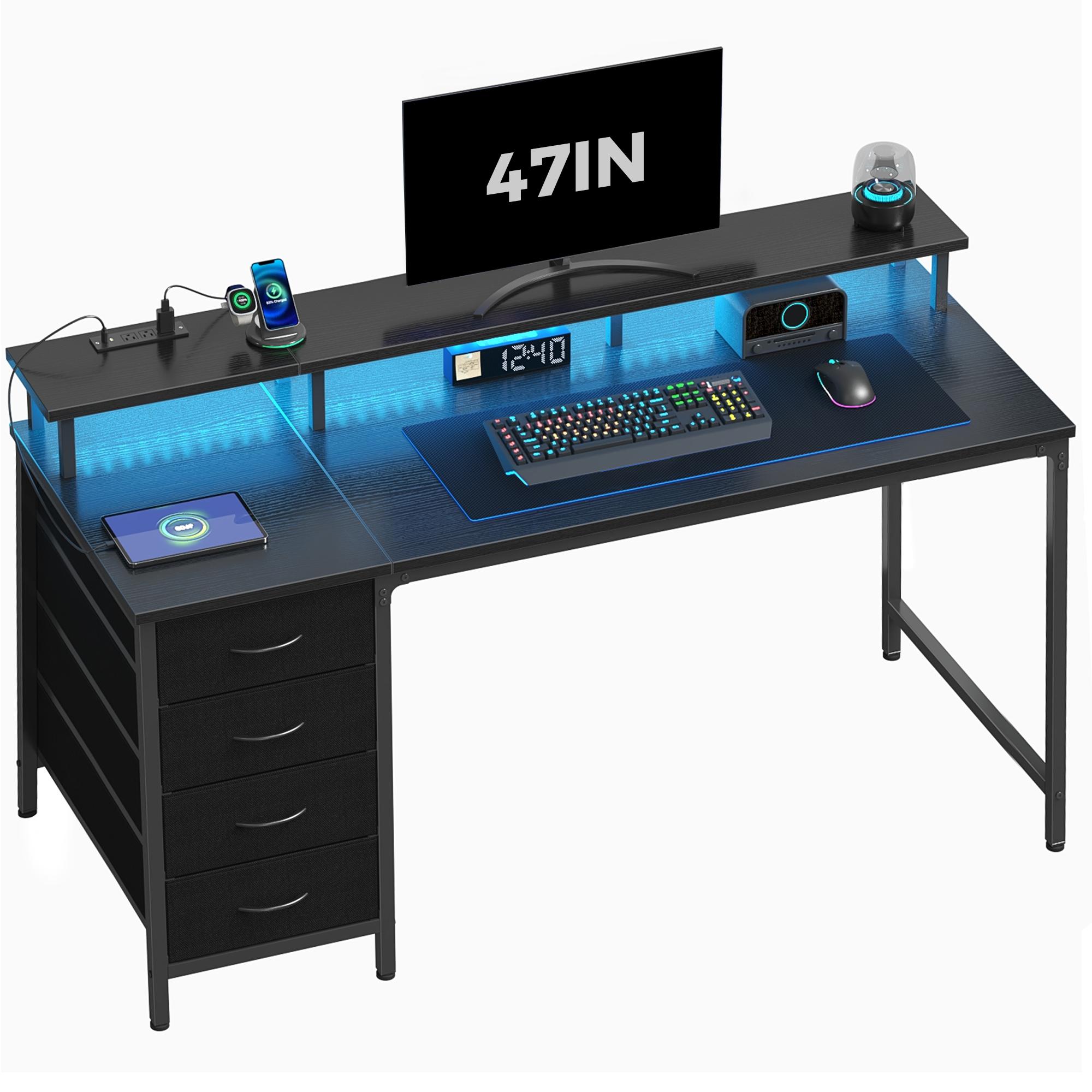 Gaming Desk with LED Lights USB Type C Charging Station, Computer Desk with 4 Drawers Monitor Stand Storage for Home Office