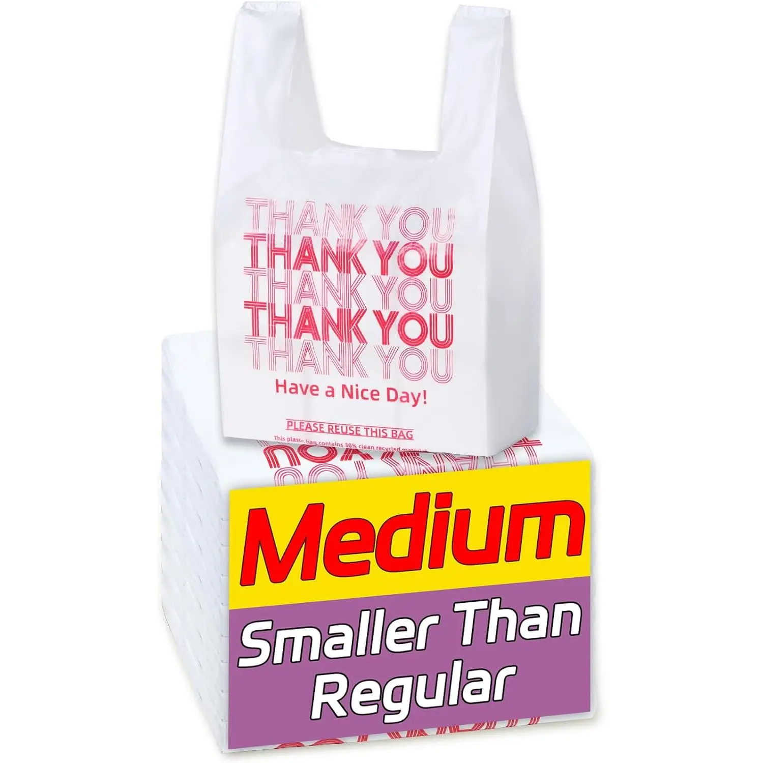 Medium Size 100 Count Plastic Bags with Handles, T-Shirt Bags, Thank You bags, Shopping Bag, Grocery bag, |for Store, Carry, Pack, Retail|, White, 1/8 Barrel, 10"x5"x18"