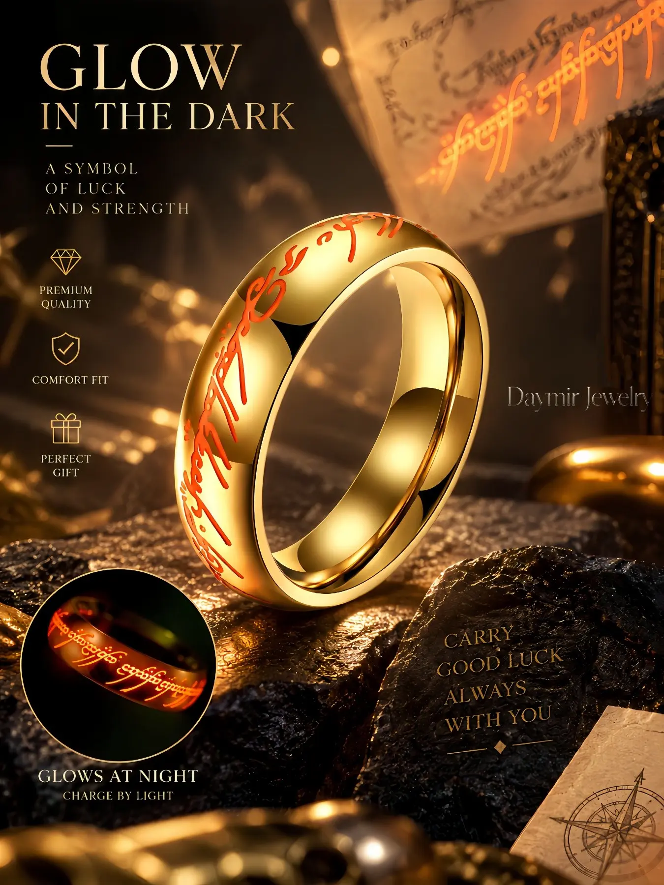 Elven Script Engraved Golden Titanium Ring – Magical Glowing Night Light Ring, Unisex Surprise Magic Ring, Stainless Steel Ring with Multiple Color Options, Sizes 6-13, Upscale Ring, Perfect Christmas Gift