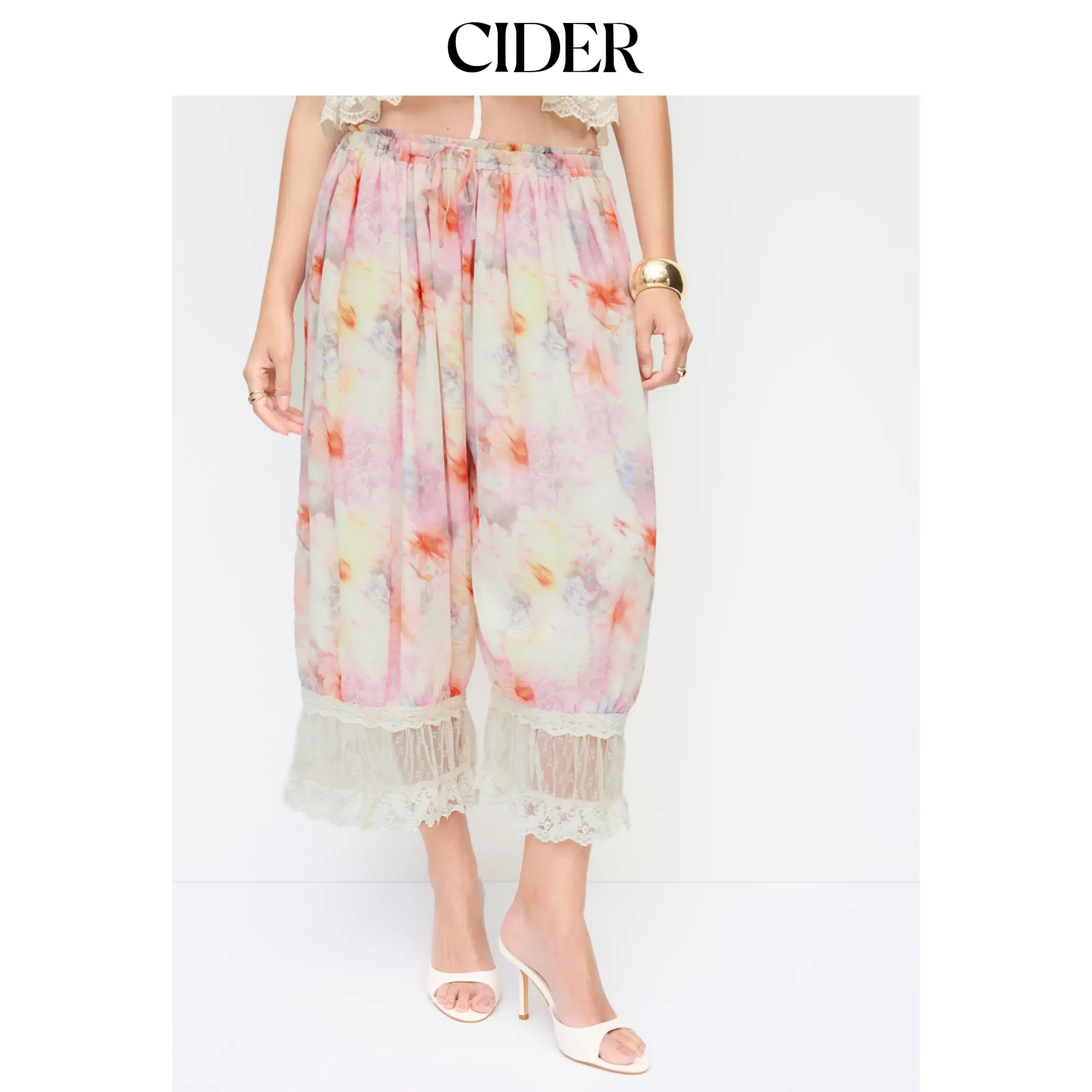 Cider Chiffon Mid-Rise Abstract Print Lace Trim Bloomer Cropped Trousers