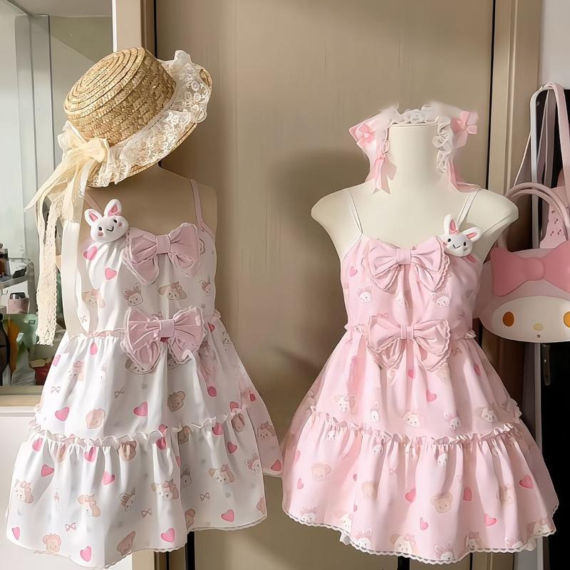 Kawaii Japanese Sweet Bow Sling Dress Women's Summer Lovely Strawberry Print Dresses Design Fashion Loose Pretty Princess Dress