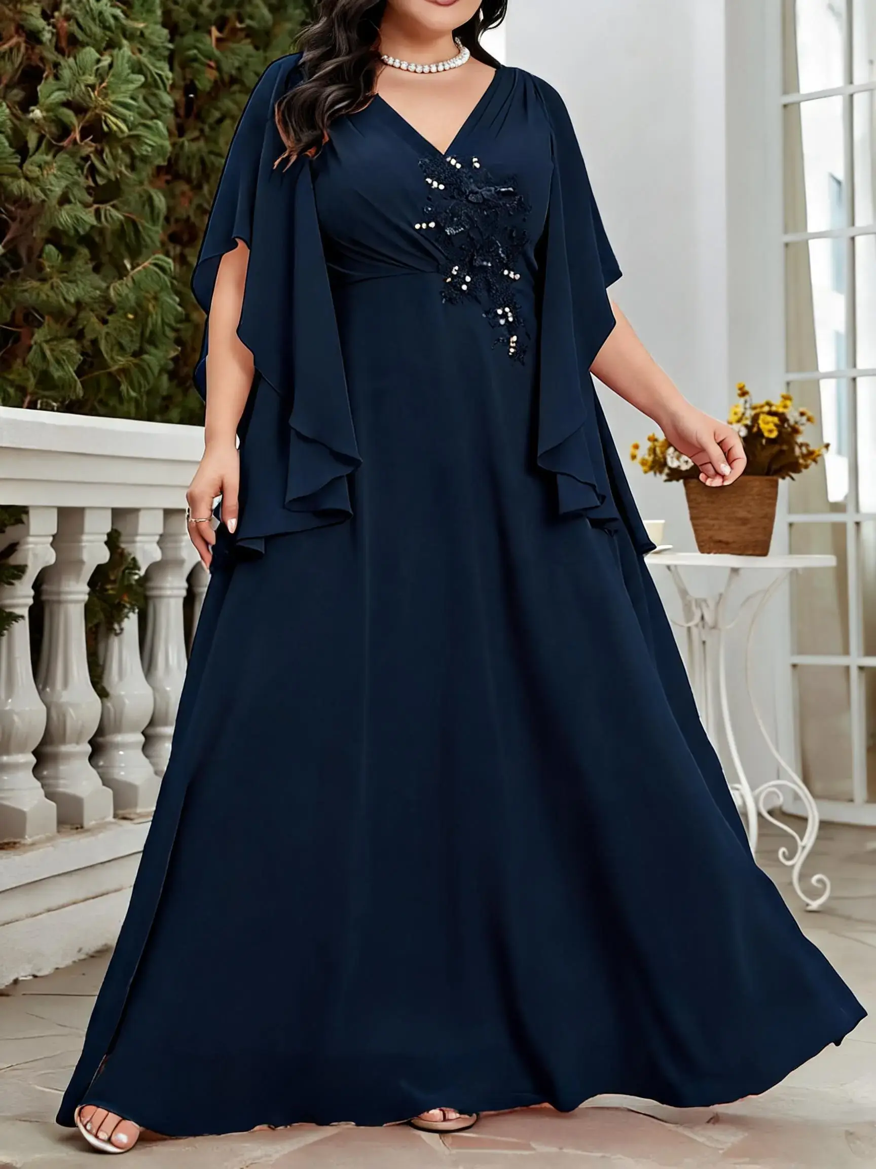 Elegant Chic V Neck Flare Sleeve Flared Maxi Dress Fitted Womenswear with Embroidered Flowers, Ruched Waist Cinching Design, Pure Color Chiffon Formal Party Gown for Bridesmaids, Trendy Dresses