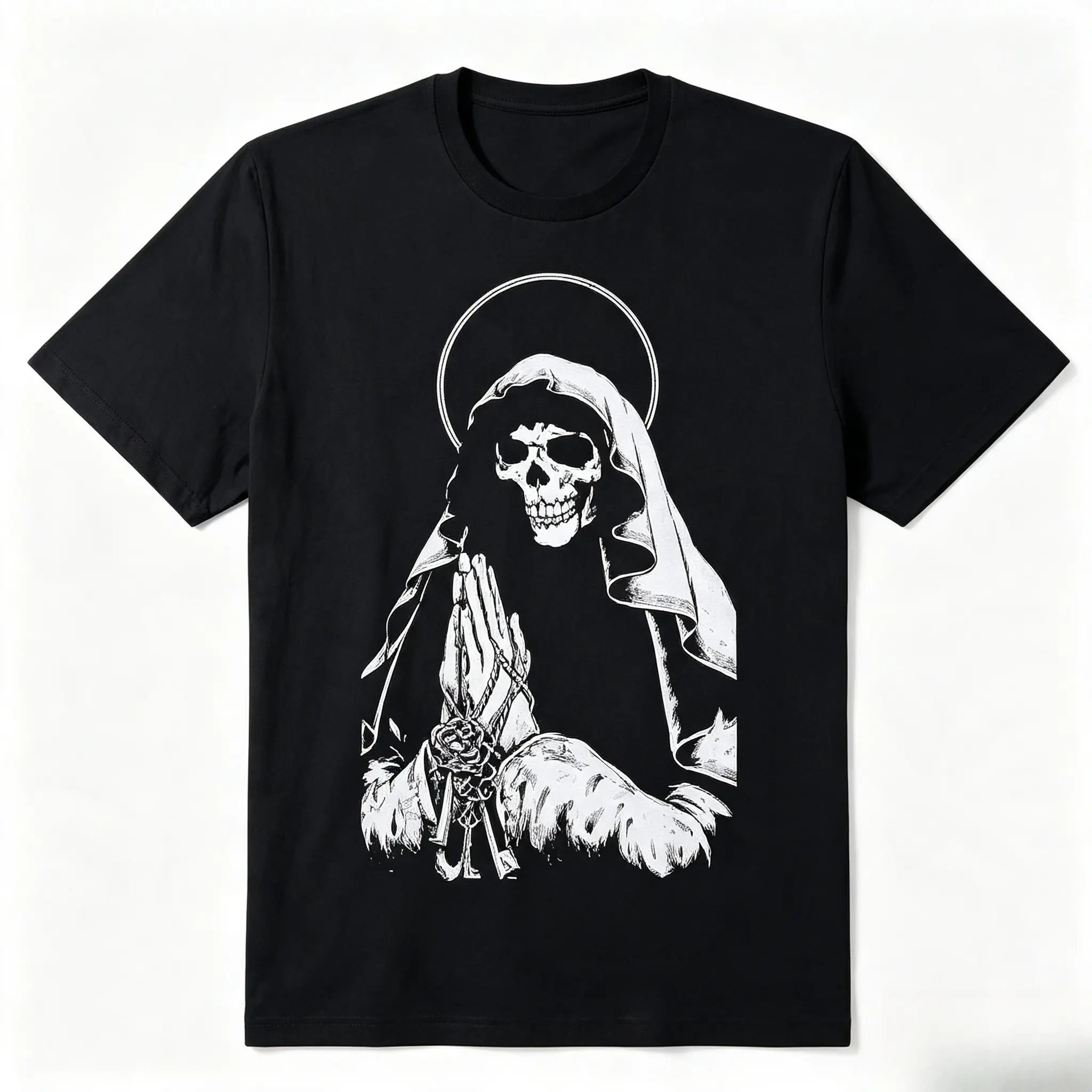 Praying Skeleton Nun Gothic Skull Graphic Cotton T-Shirt, Oversized Comfort Fashion Outfit, Dark Gothic Streetwear Casual Top, Perfect Valentine’s Day Holiday Gift for Lovers, Family, Friends for Him Her